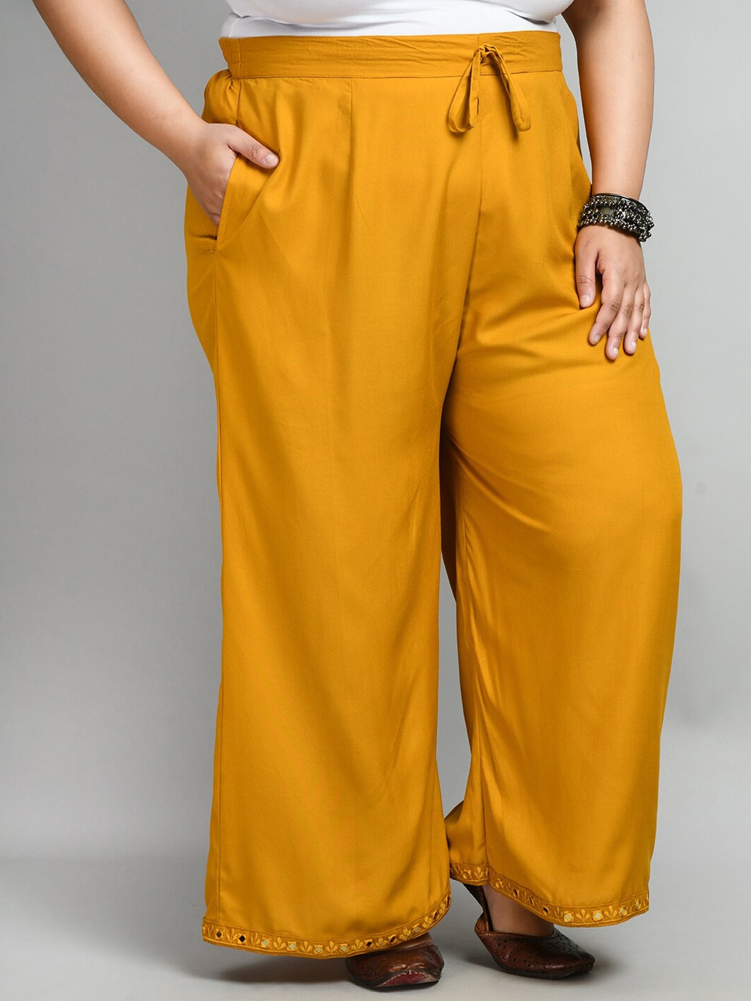 PrettyPlus by Desinoor.com Women Plus Size Hem Design Flared Palazzo, Mustard