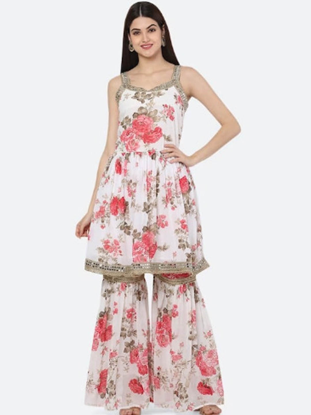 

Ashnaina Floral Printed Mirror Work Anarkali Kurti with Sharara & Dupatta, White