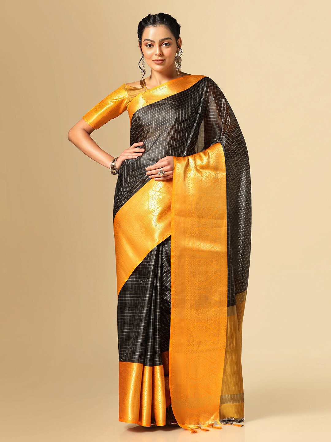

Satrani Checked Zari Banarasi Saree, Black