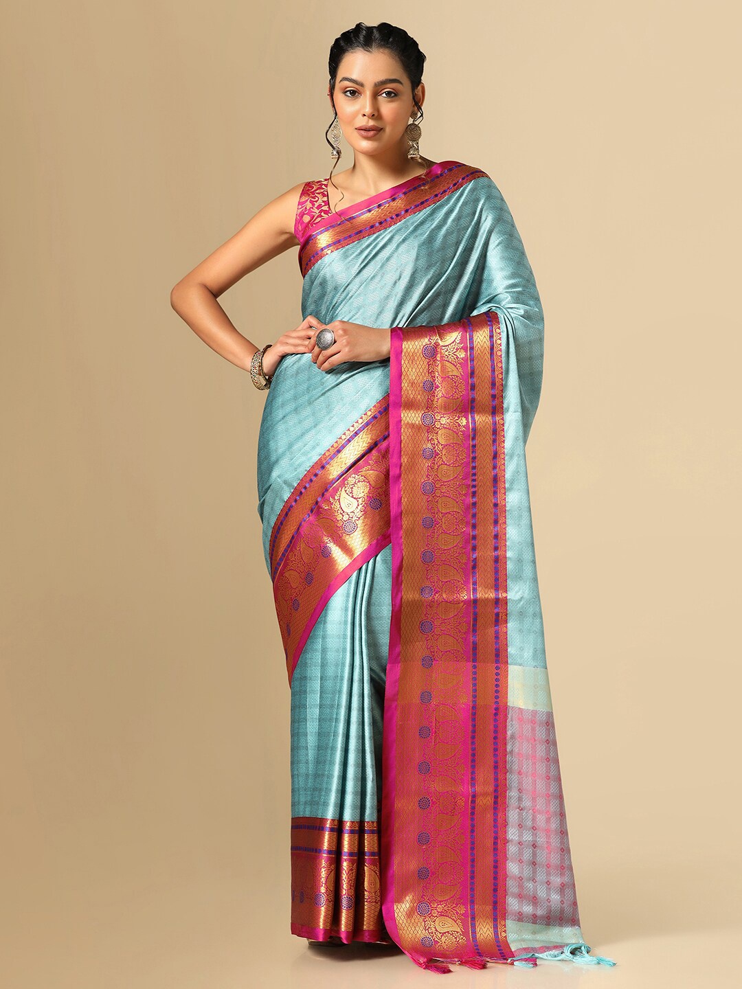 

Satrani Checked Zari Banarasi Saree, Blue