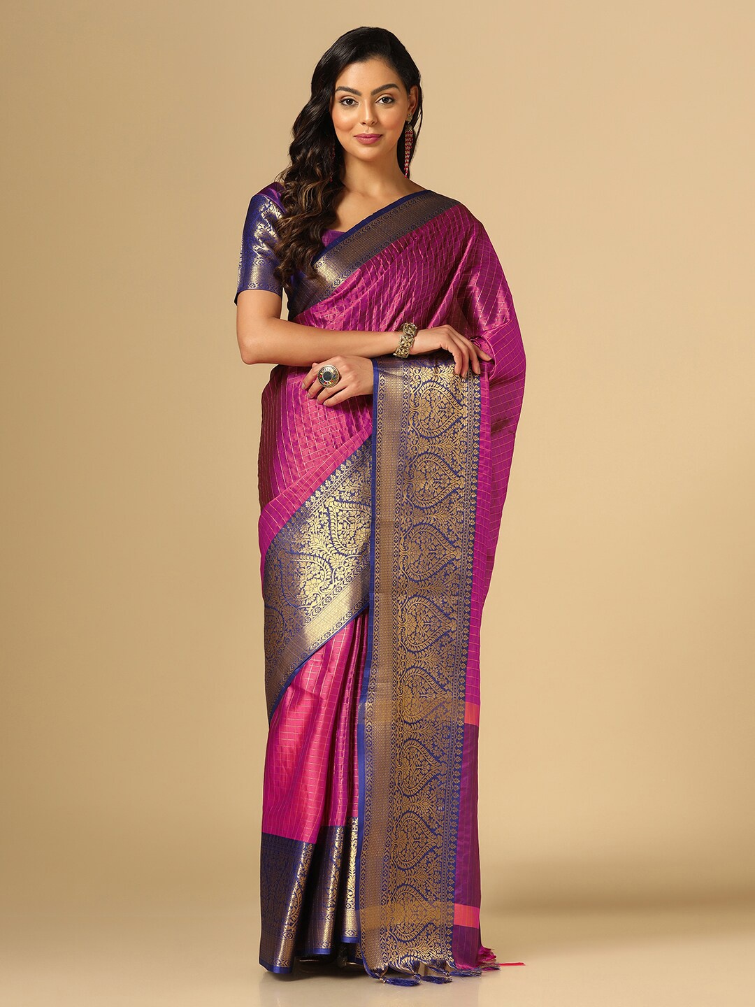 

Satrani Checked Zari Banarasi Saree, Purple