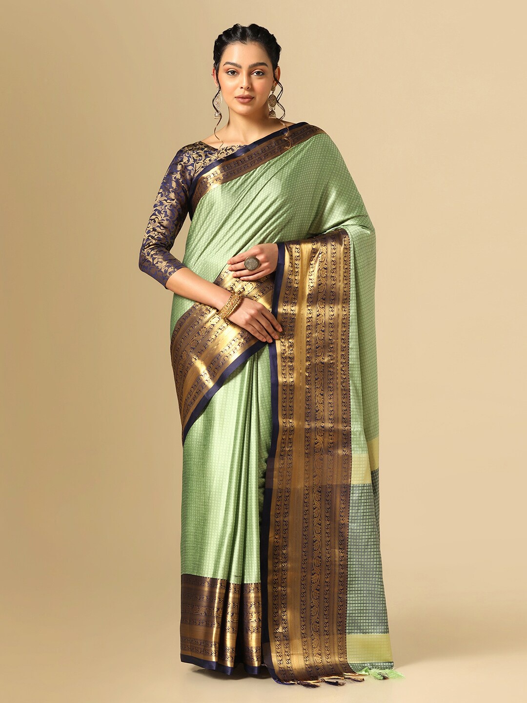 

Satrani Checked Zari Banarasi Saree, Green