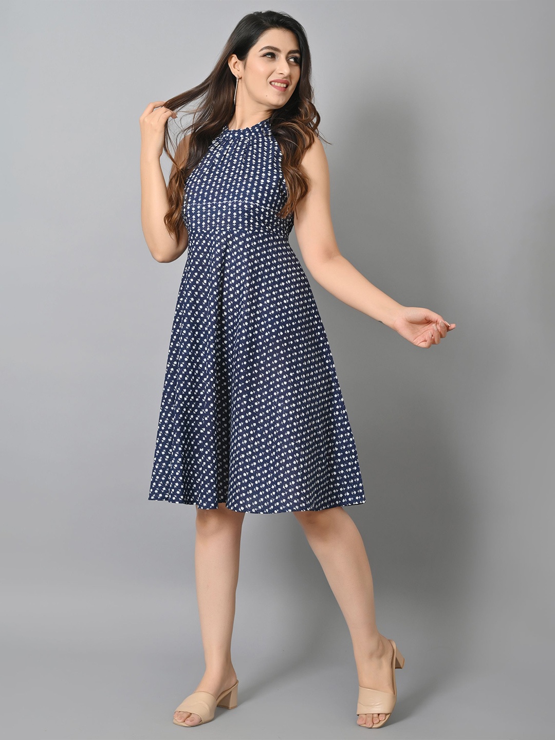 

VASTRAMANIAA Halter Neck Polka Dot Print Fit & Flare Dress, Blue