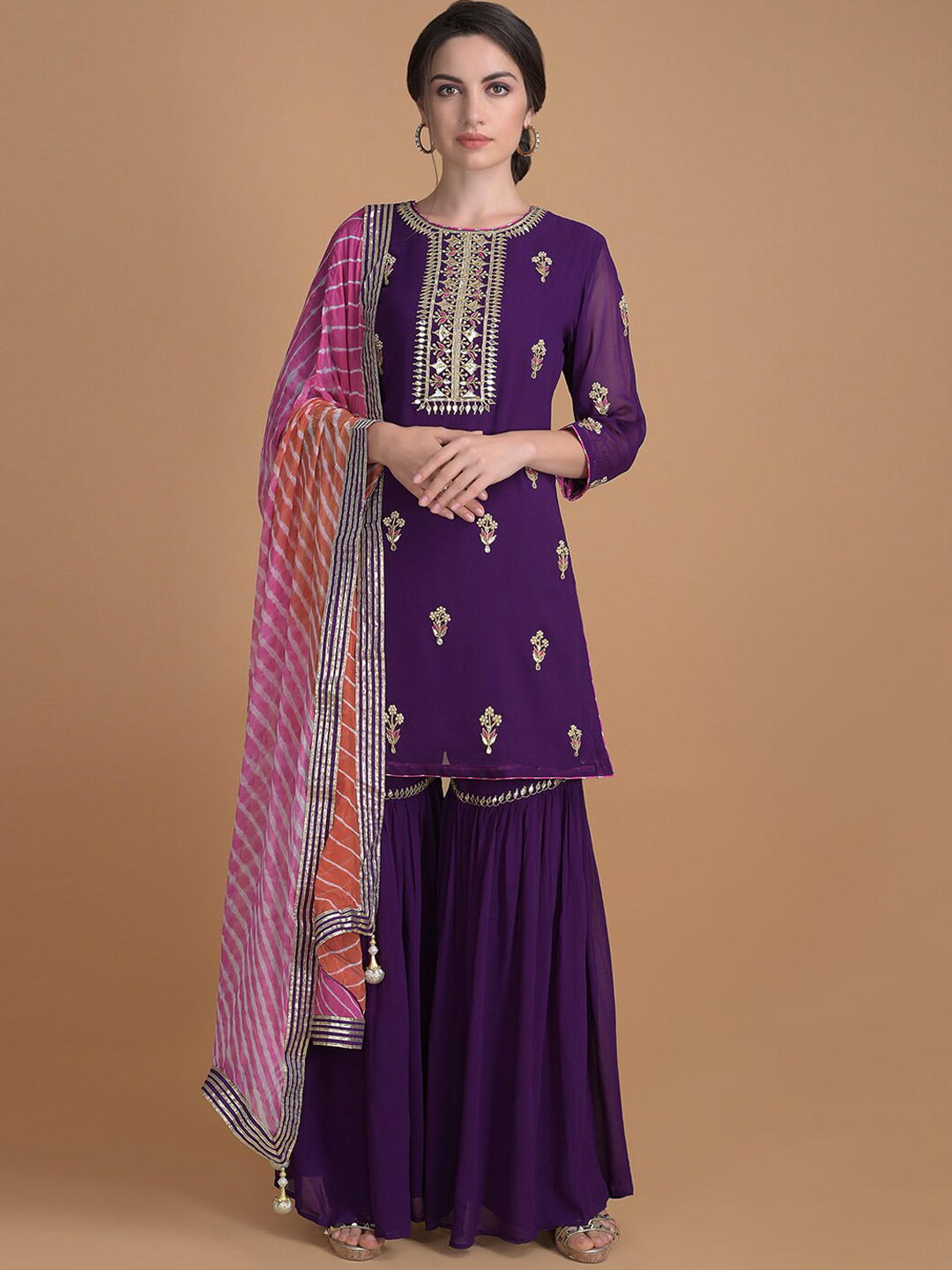 

KALKI Fashion Floral Embroidered Gotta Patti Kurti with Sharara & Dupatta, Purple
