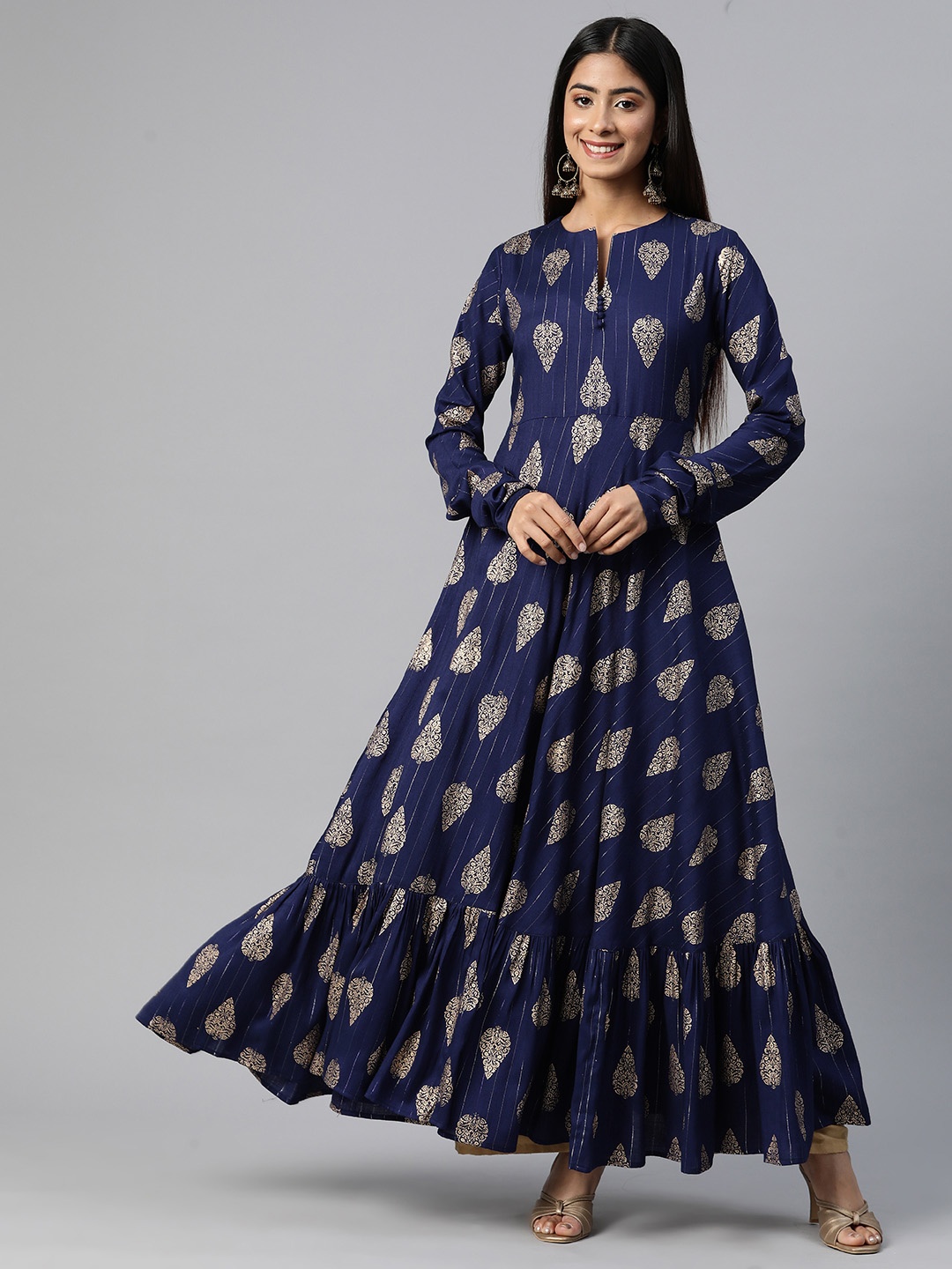 

MBE Ethnic Motifs Printed Cotton Anarkali Kurta, Navy blue