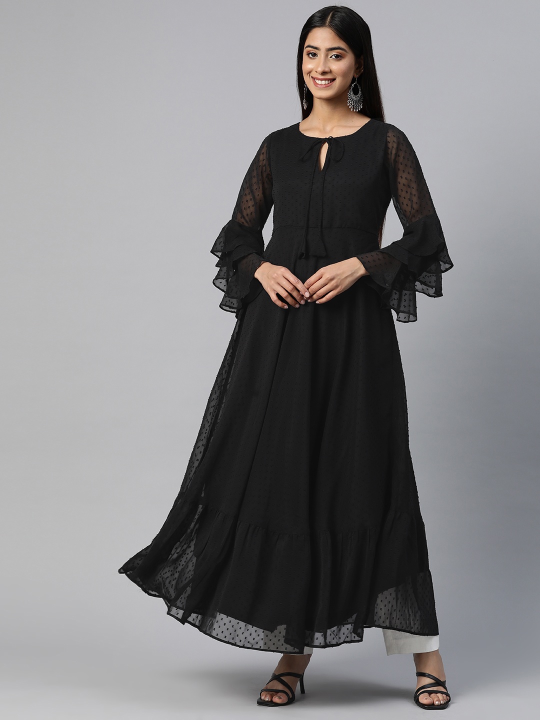 

MBE Flared Sleeves Georgette Dobby Anarkali Kurta, Black