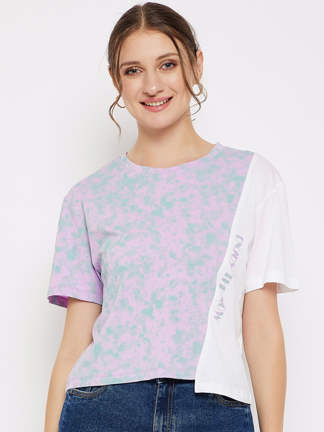 

Madame Tie And Dye Drop-Shoulder Sleeves Round Neck T-shirt, Lavender