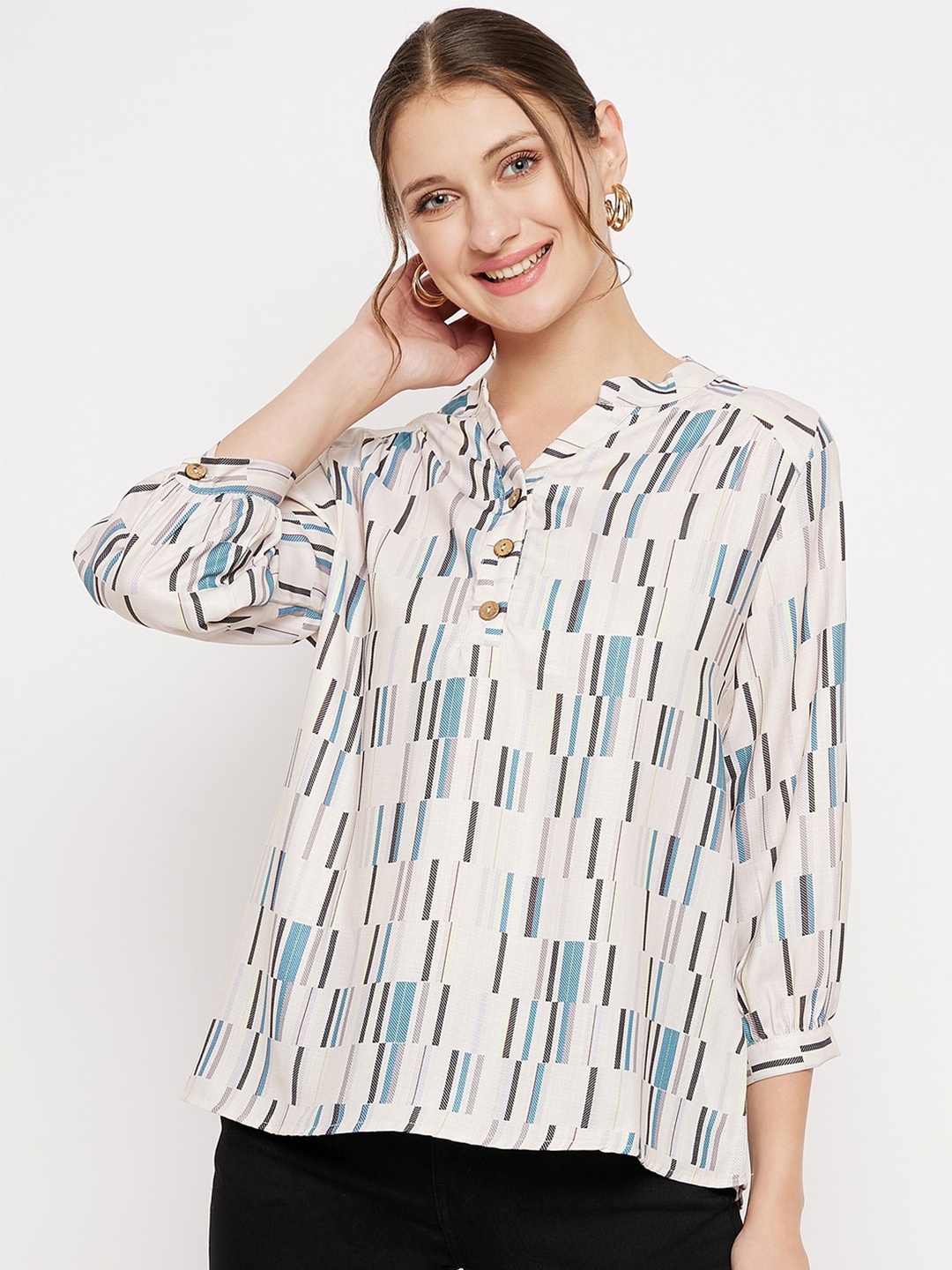 

Madame Geometric Print Band Collar Puff Sleeve Top, Beige