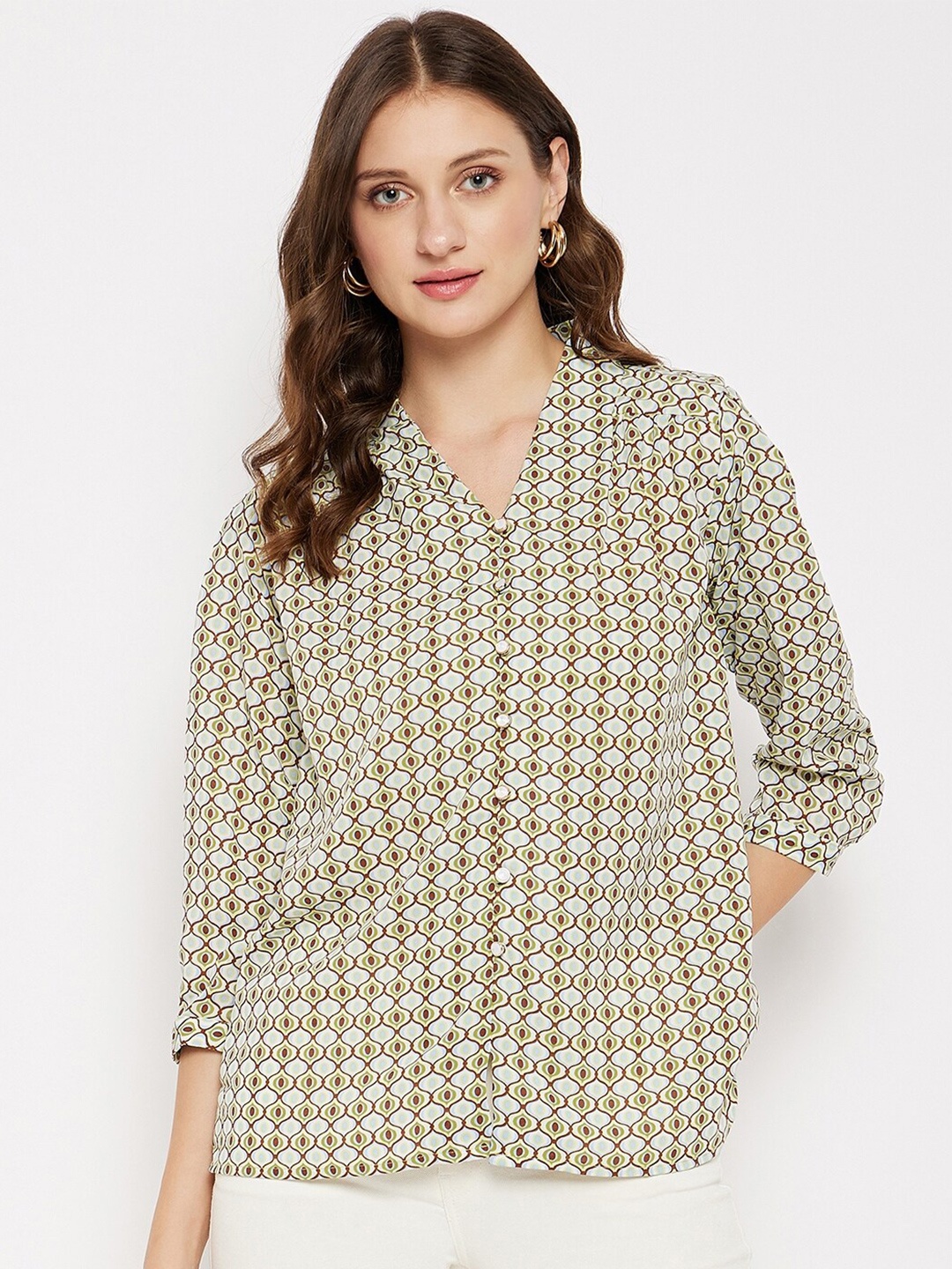 

Madame V-Neck Geometric Printed Shirt Style Top, Blue