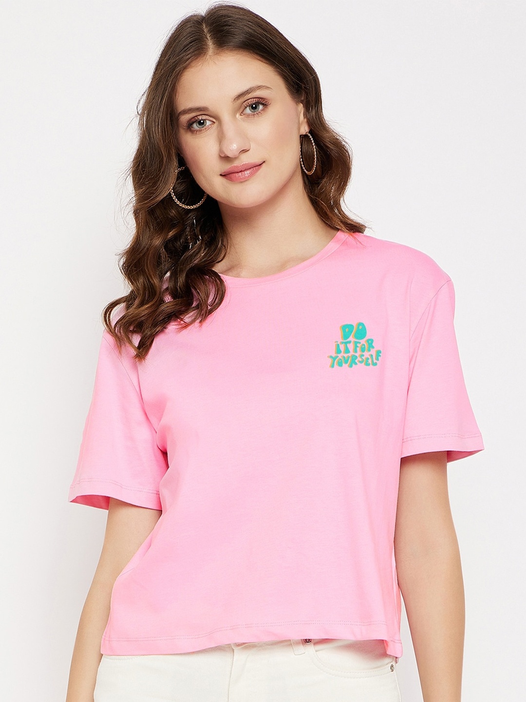 

Madame Typography Printed Drop-Shoulder Sleeves T-shirt, Pink