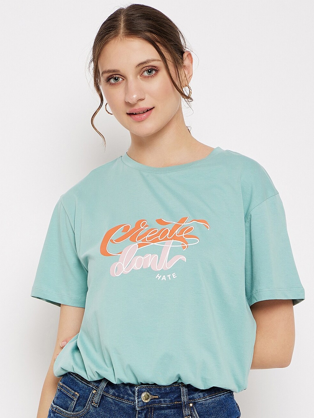 Madame Typography Printed Cotton Crop T-Shirt, Green