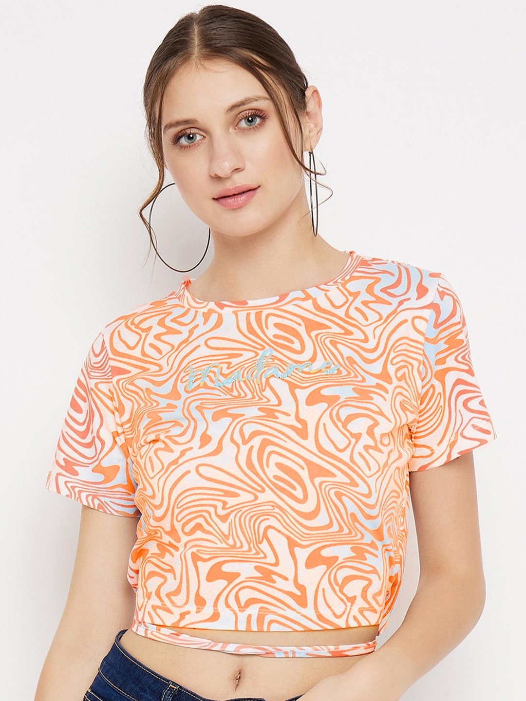 

Madame Abstract Printed Waist Tie-Ups Crop Top, Orange