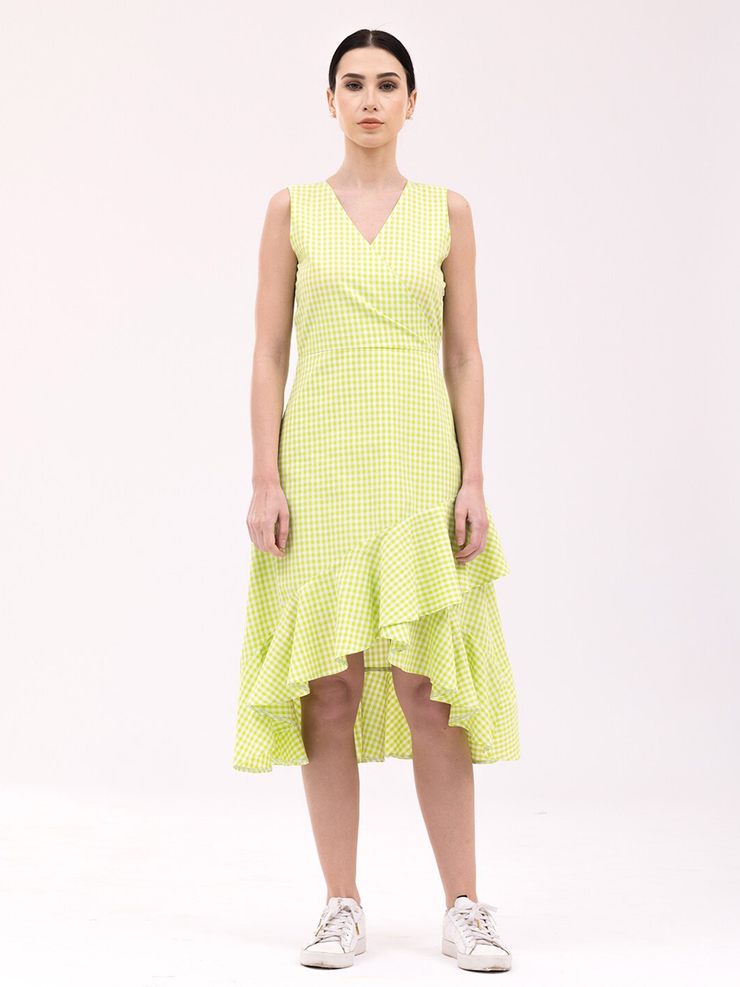 

Samshek V-Neck Checked Tulip Fit & Flare Cotton Midi Dress, Green
