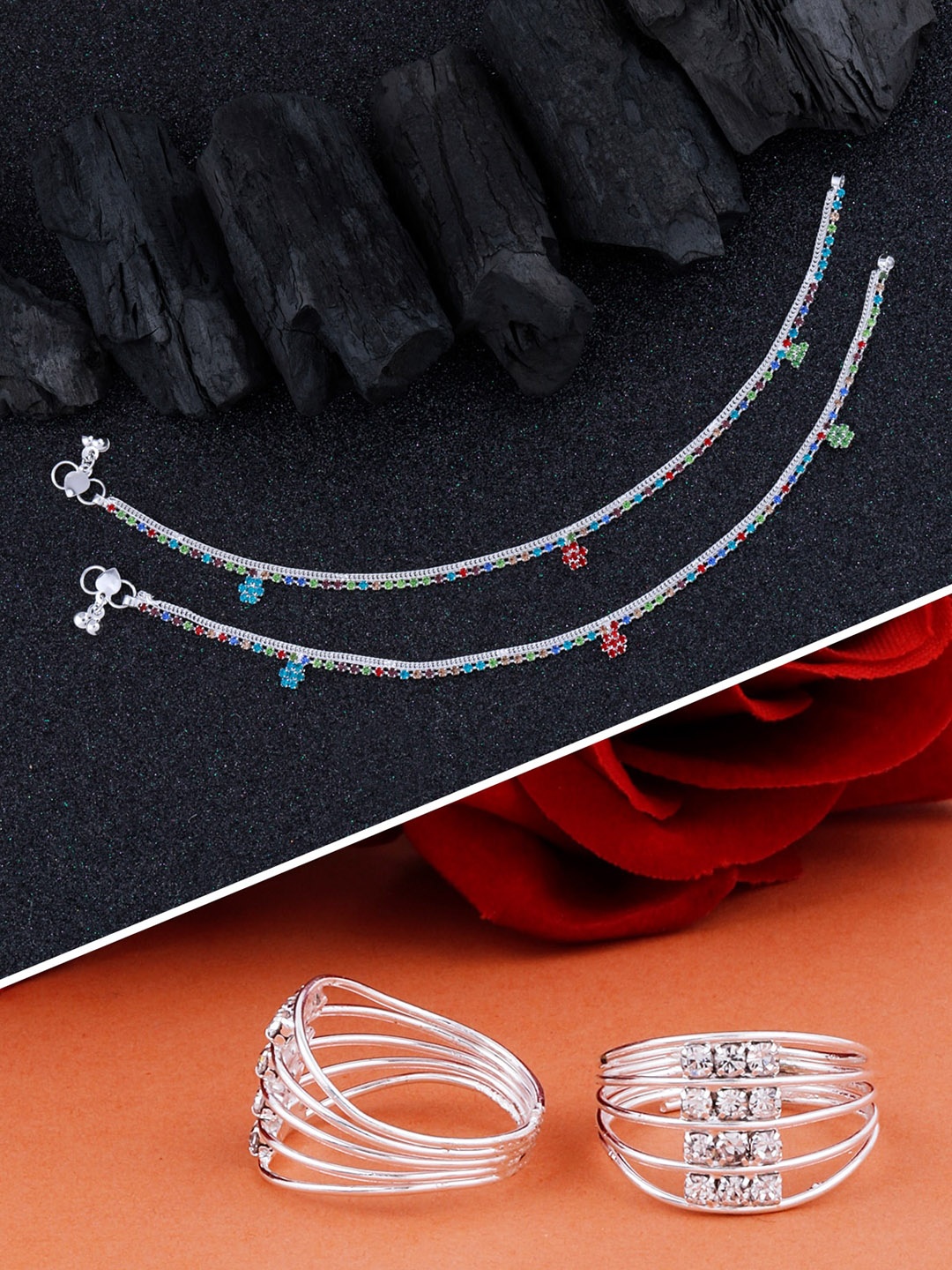 

Silver Shine Set of 2 Silver-Plated Traditional Studded Toe Rings with Anklet