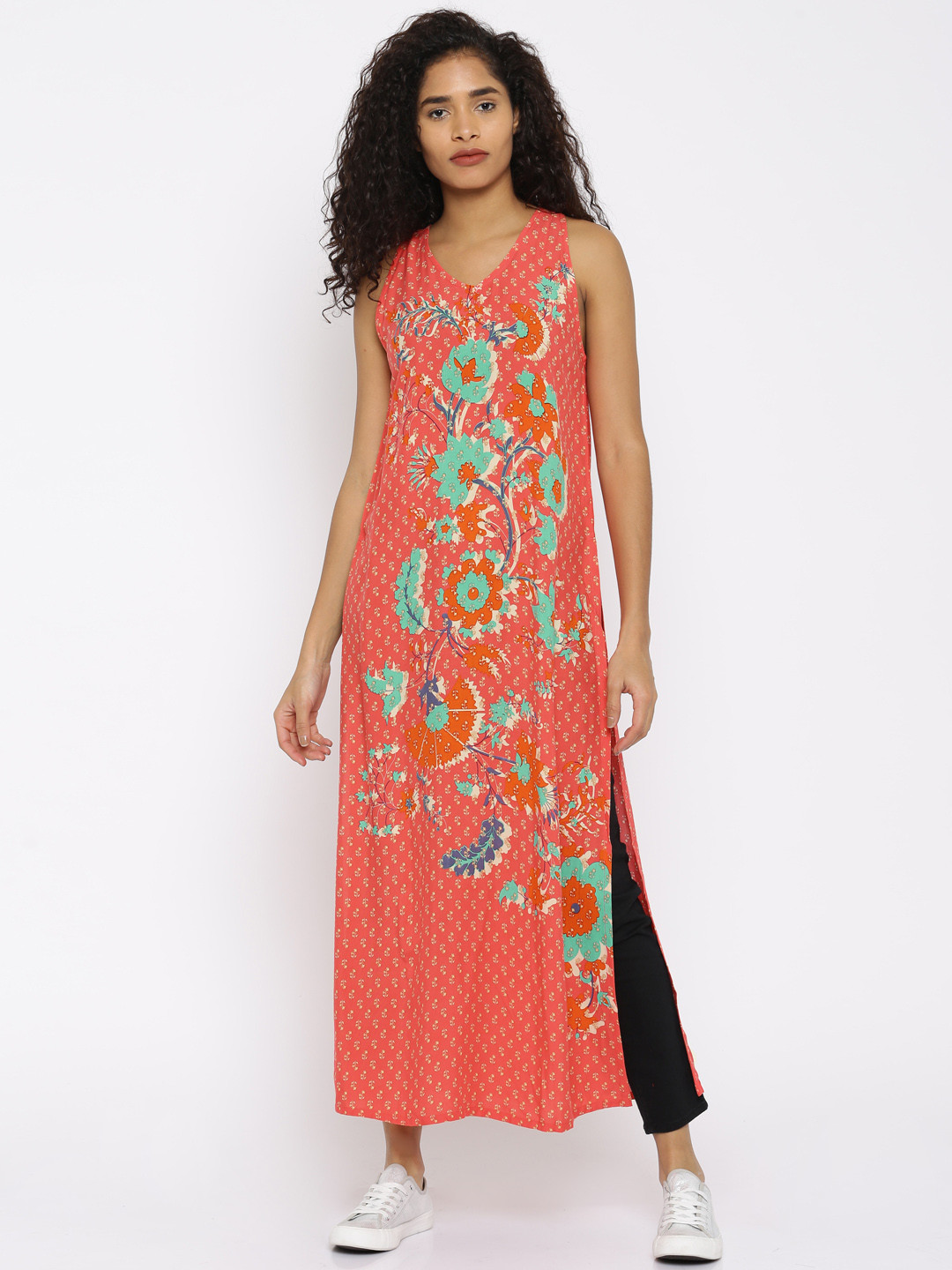 

Global Desi Women Coral Orange Printed Straight Kurta