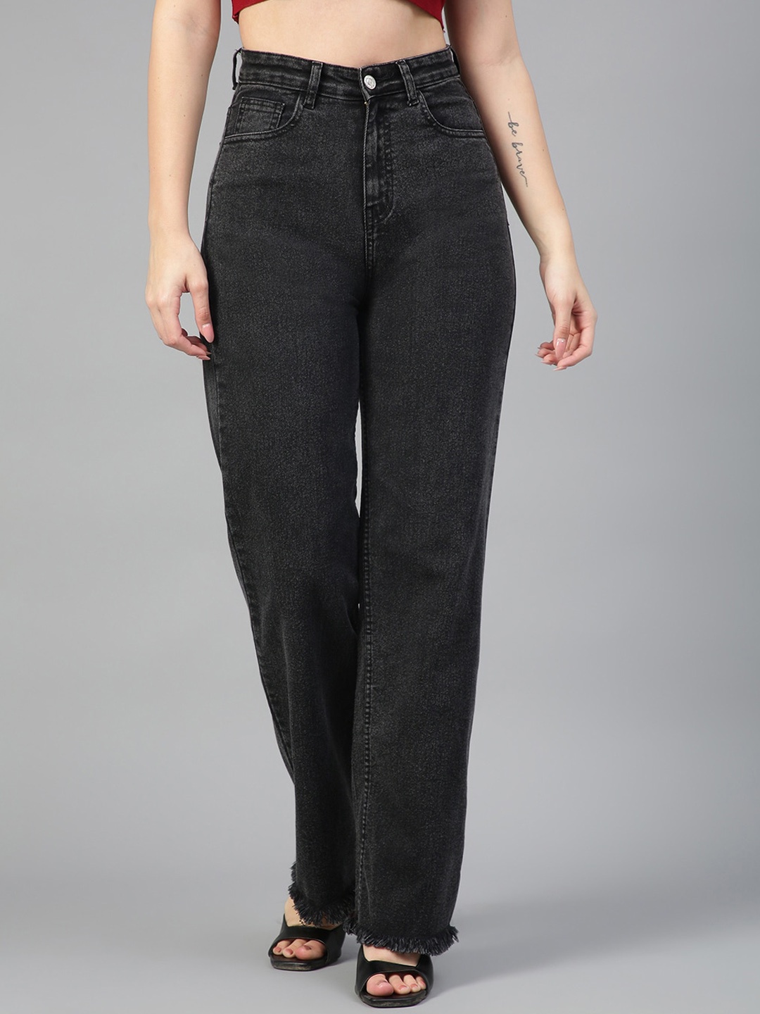 

Kotty Women Jean Straight Fit High-Rise Light Fade Stretchable Jeans, Black