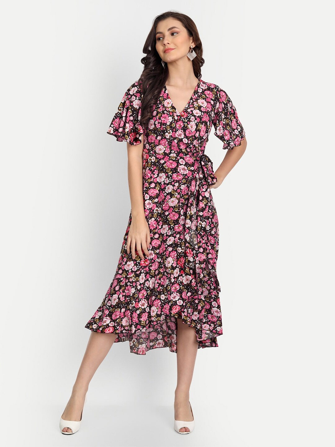 Fibre World V-Neck Floral Printed Tie Up Wrap Midi Dress, Black