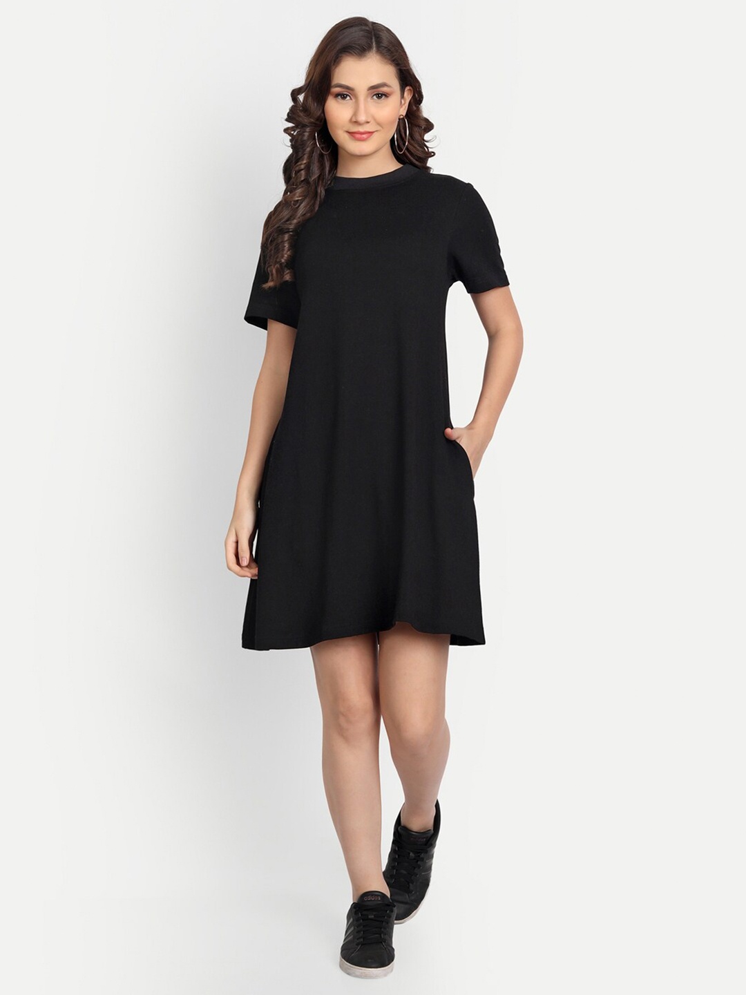 

Fibre World Round Neck A-Line Dress, Black