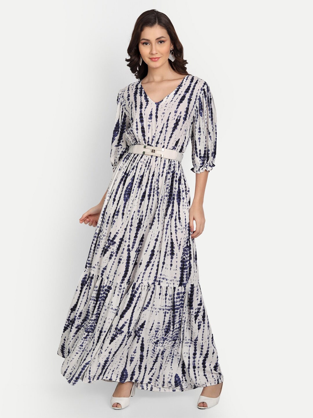 

Fibre World V-Neck Tie & Dye Tiered Maxi Dress With Belt, Navy blue