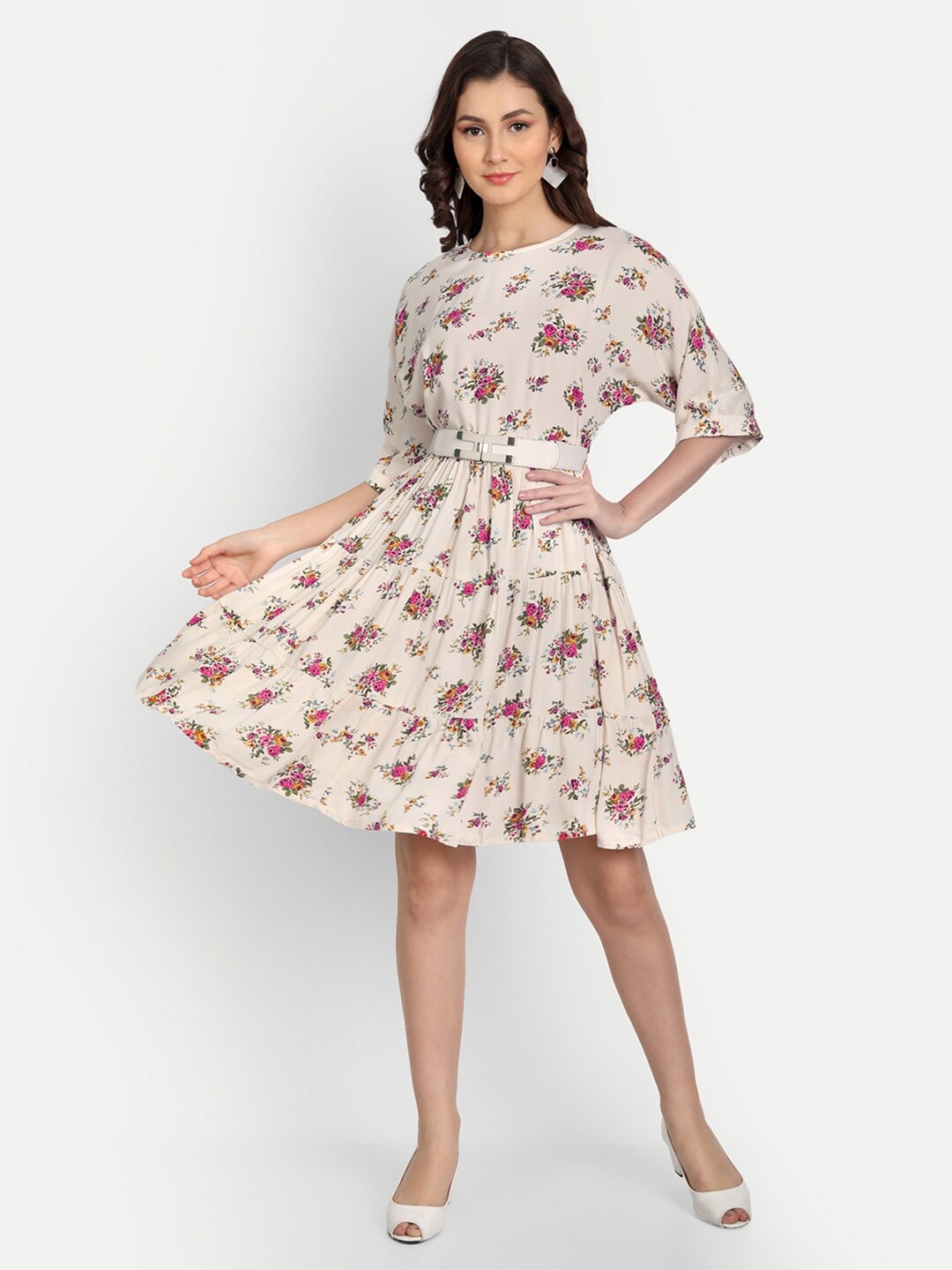 

Fibre World Round Neck Floral Printed Tiered Fit & Flare Dress With Belt, Cream