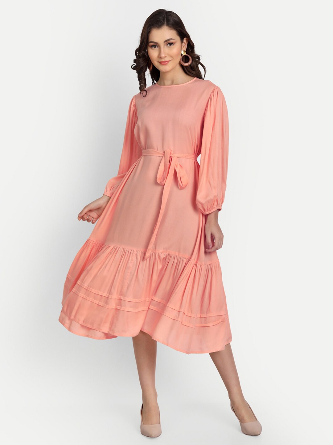 

Fibre World Puff Sleeve Fit & Flare Midi Dress, Peach