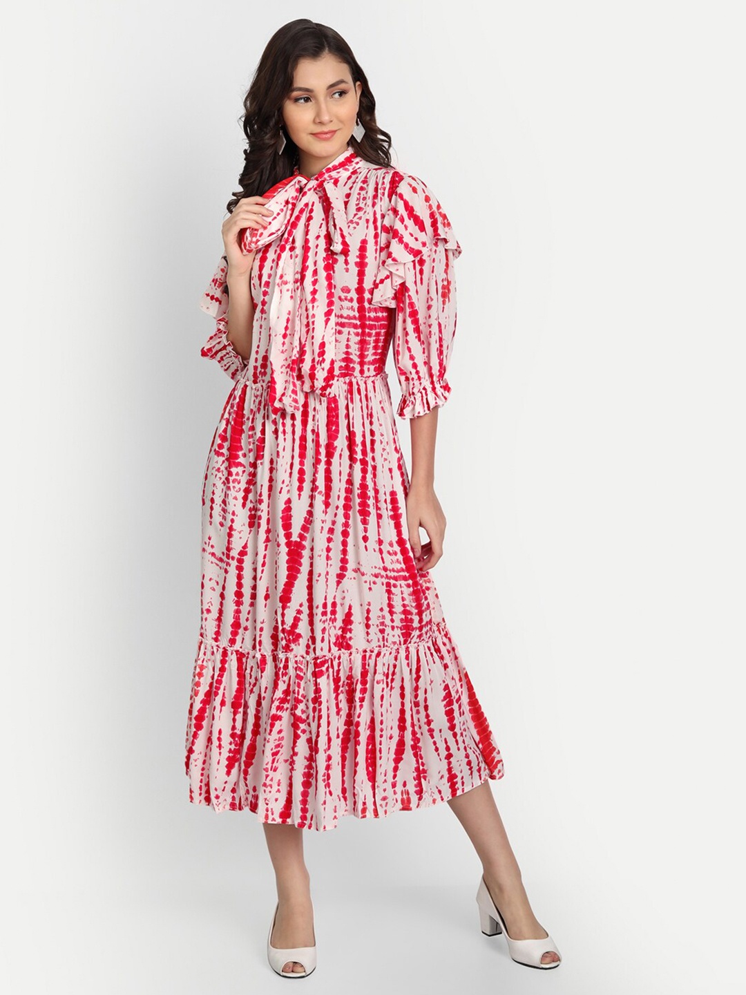 

Fibre World Tie and Dye Print Fit & Flare Midi Dress, Red