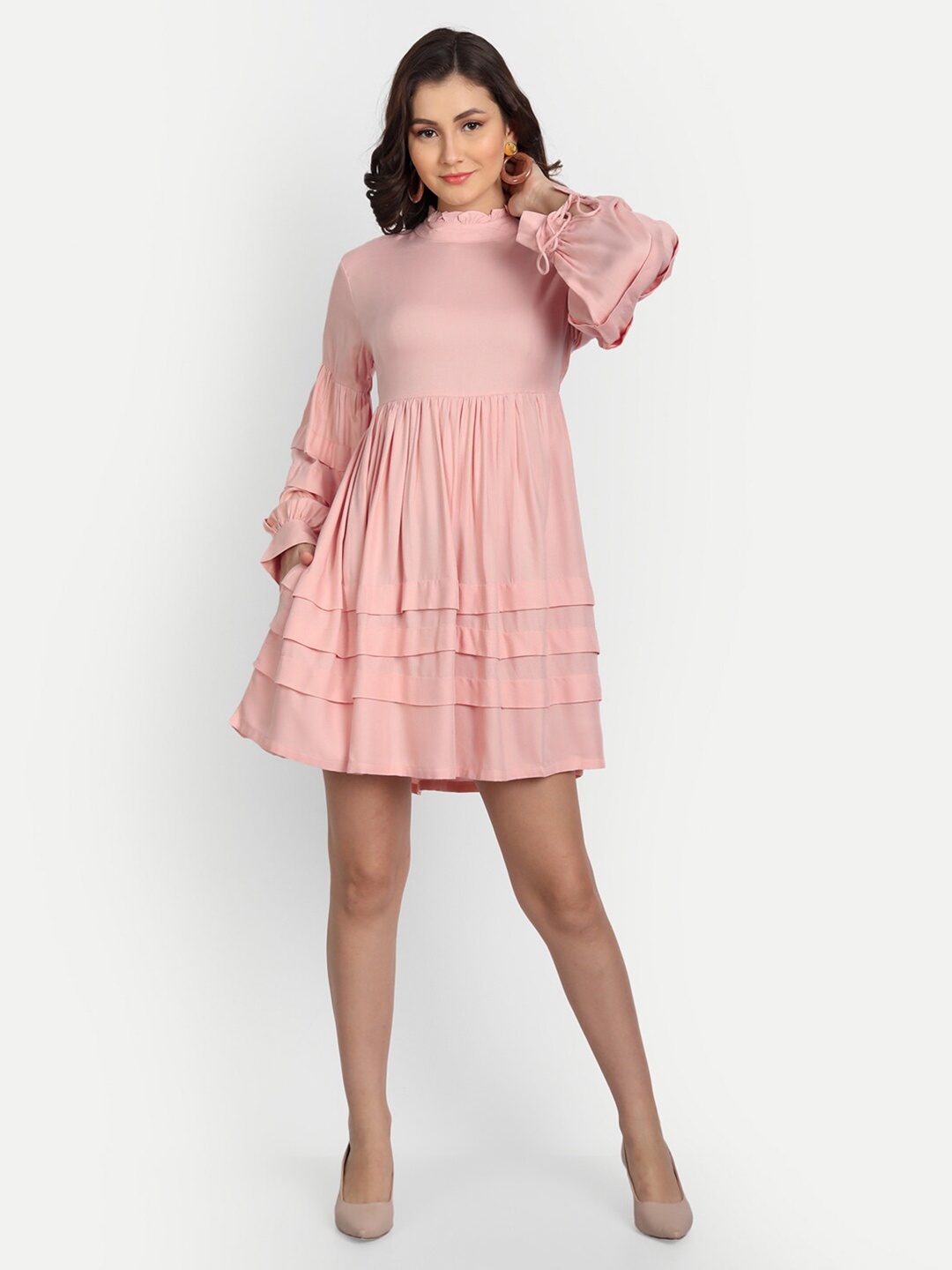 

Fibre World Mock Neck Fit & Flare Dress, Peach