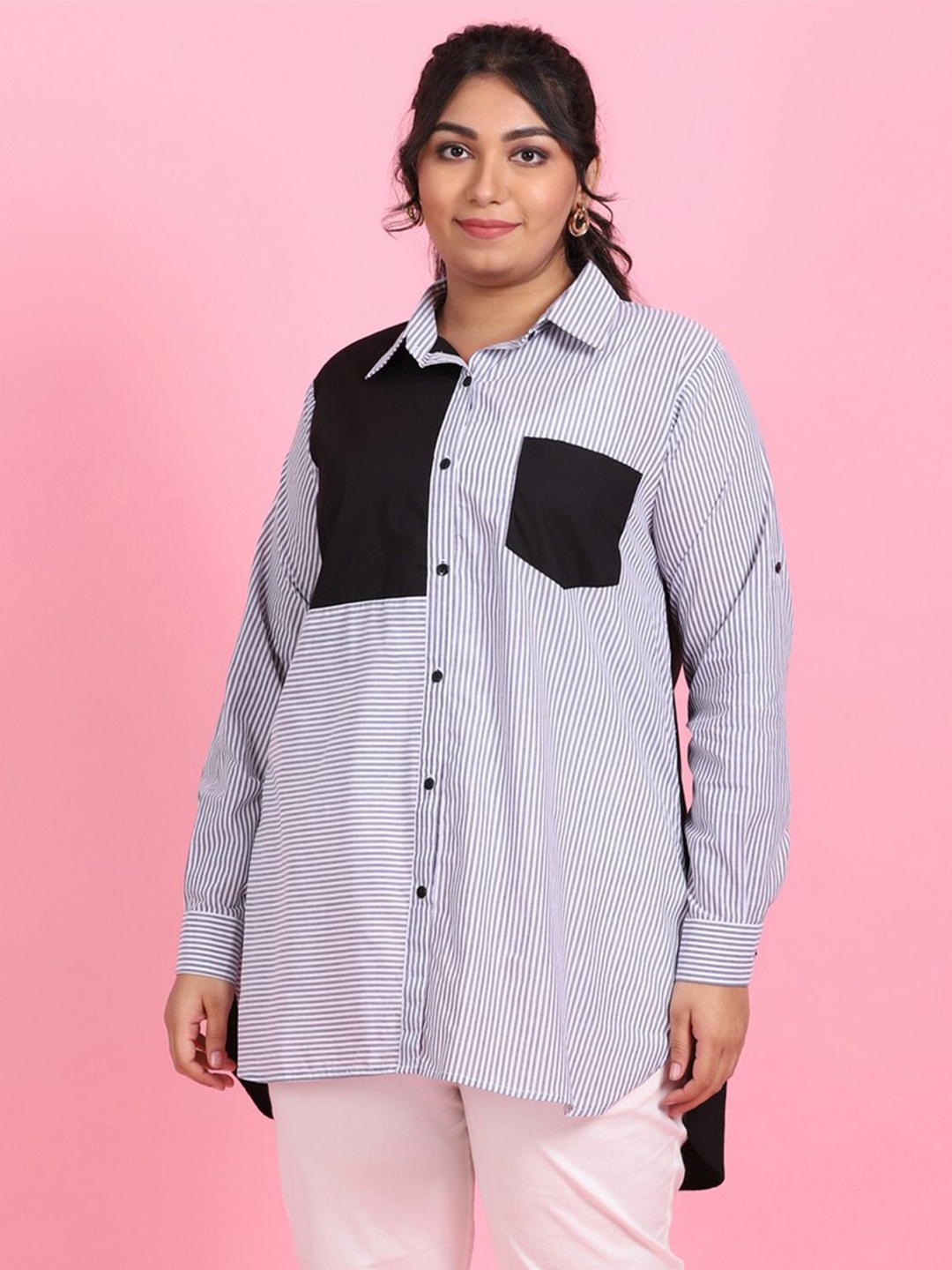 

LastInch Comfort Opaque Striped Contrast Pocked Cotton Casual Shirt, Grey