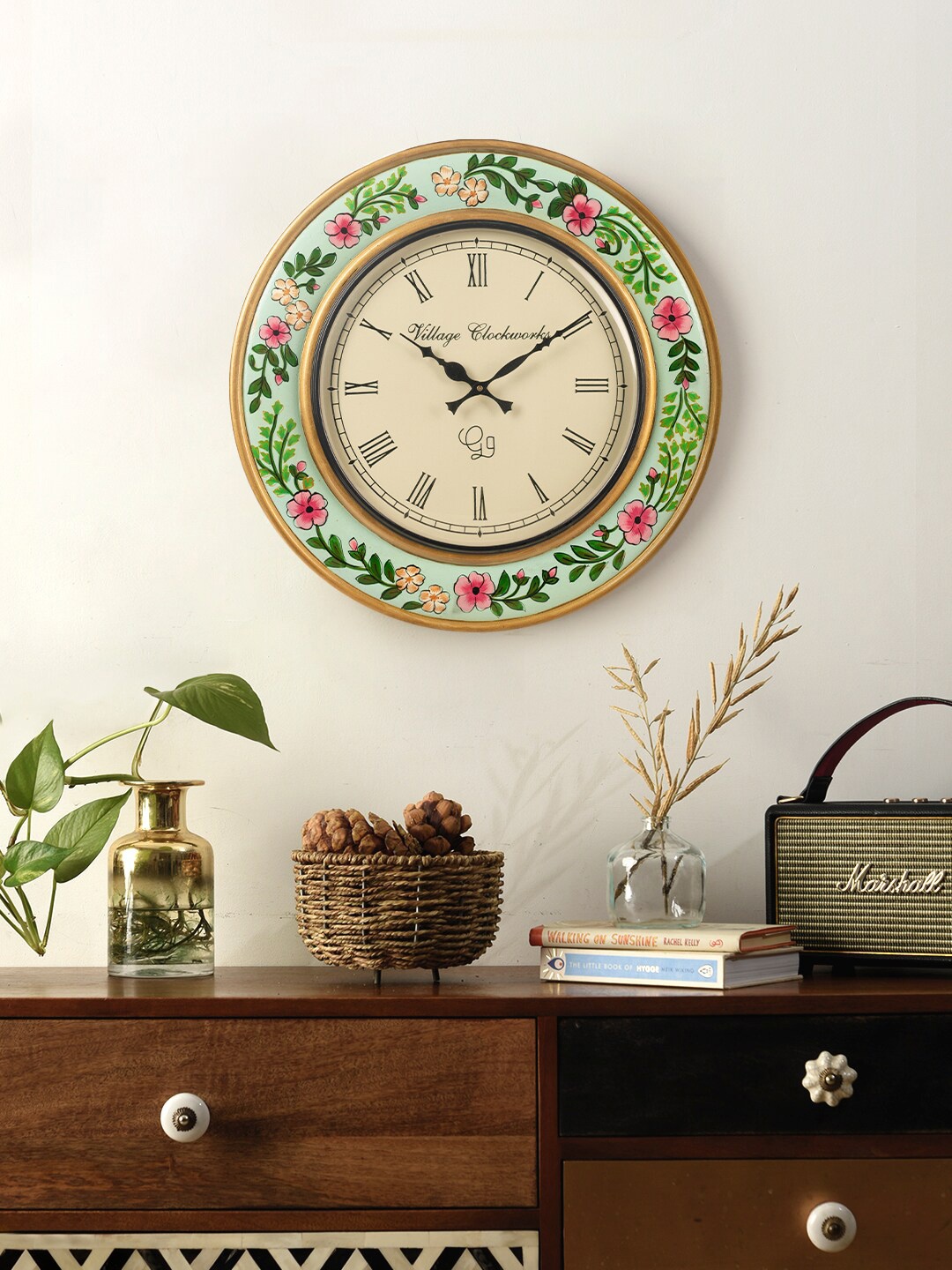

green girgit Green & Pink Printed Traditional Wooden Analogue Wall Clock