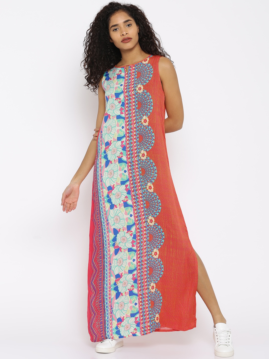 

Global Desi Women Coral Orange Printed Maxi Dress