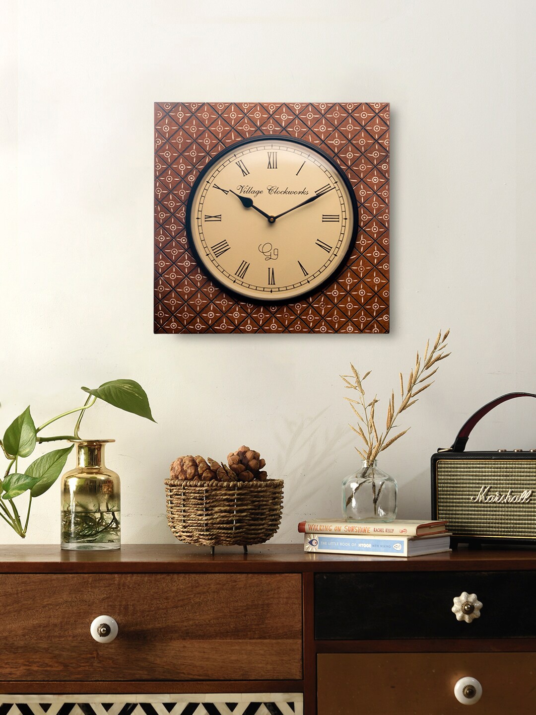 

green girgit Brown & Beige Wooden Square Traditional Wall Clock