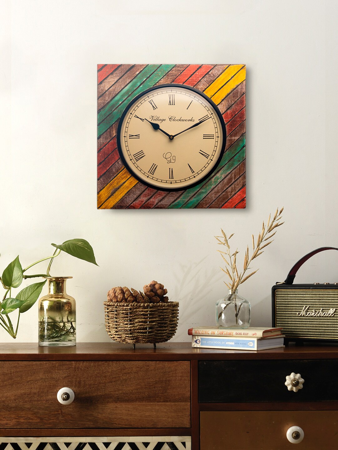 

green girgit Brown & Yellow Wooden Square Traditional Wall Clock