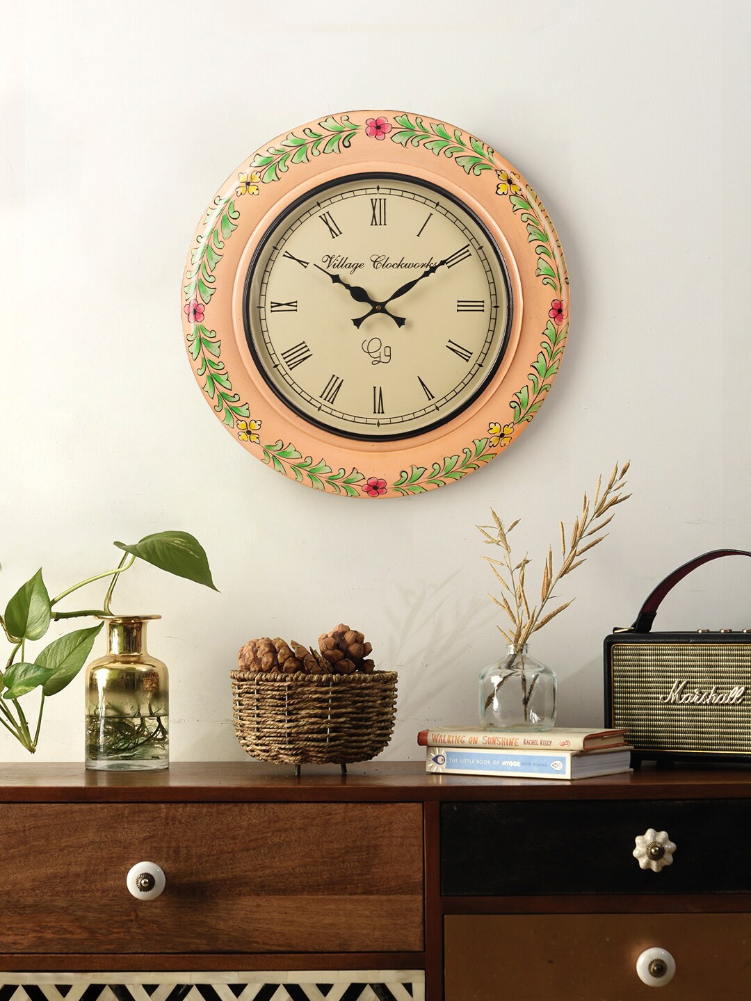 

green girgit Pink & Green Printed Traditional Wooden Analogue Wall Clock