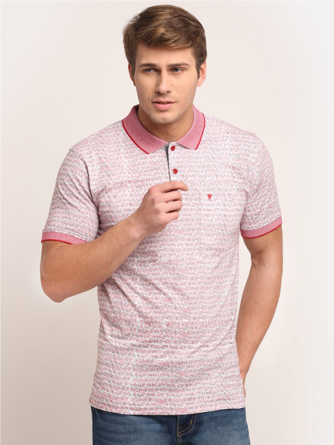 

VENITIAN Abstract Printed Polo Collar Slim Fit Cotton T-shirt, White