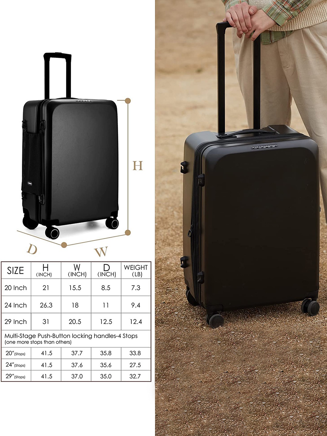 

VERAGE Anti-Theft Zipper Hard-Sided Medium Trolley Suitcase, Black