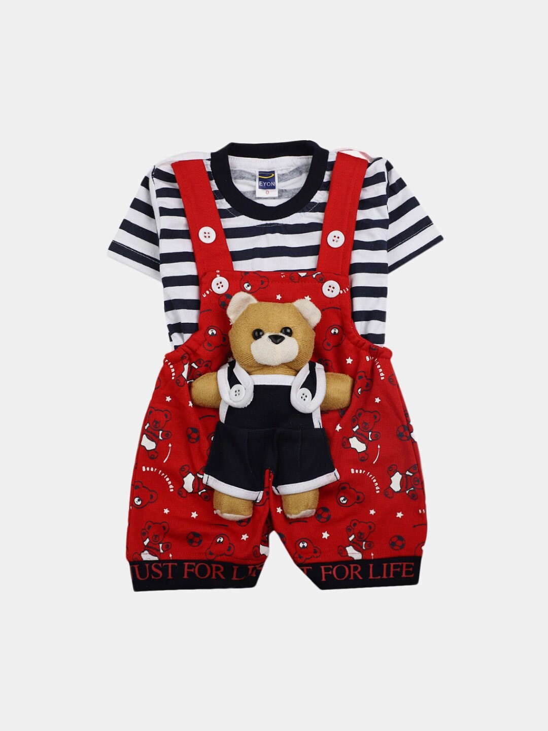 

V-Mart Infant Boys Striped Pure Cotton Round Neck T-shirt with Dungarees Clothing Set, Red
