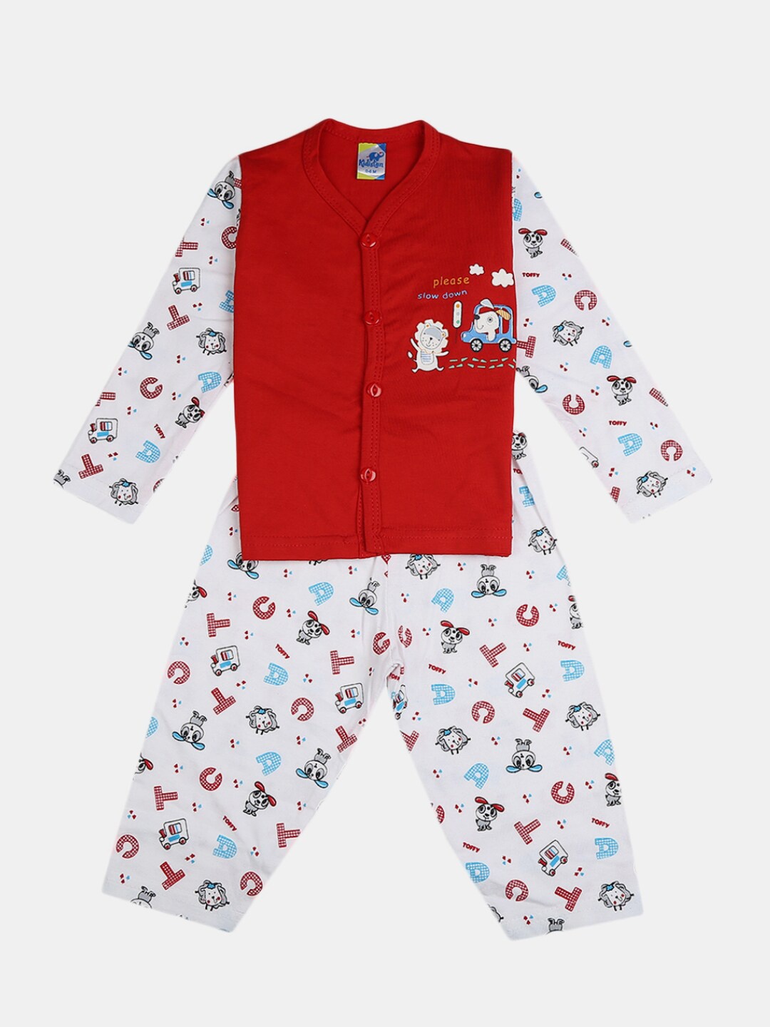 

V-Mart Infants Pure Cotton Printed Shirt With Pyjamas Set, Red