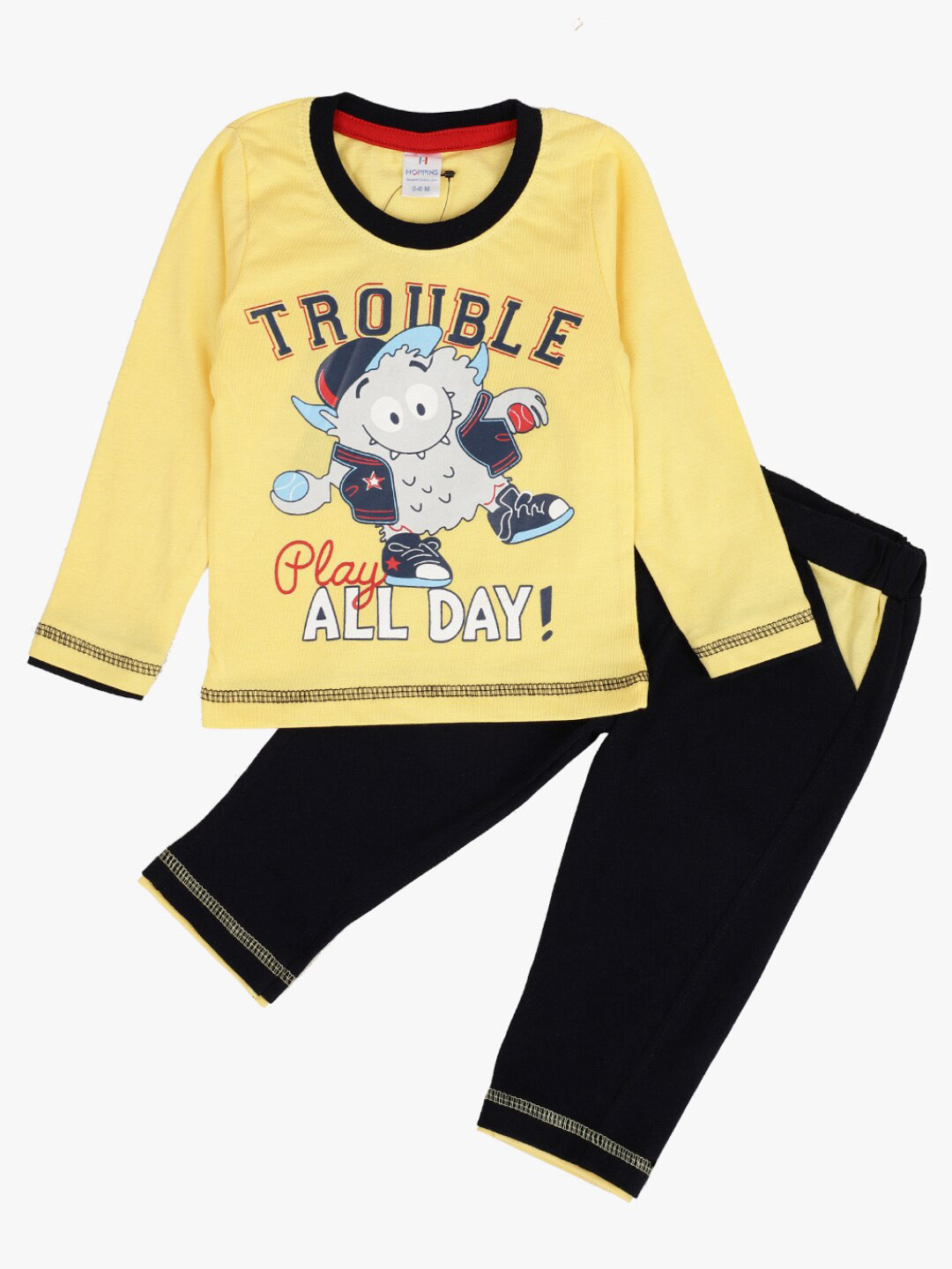 

V-Mart Infants Printed Pure Cotton T-shirt with Pyjamas, Yellow