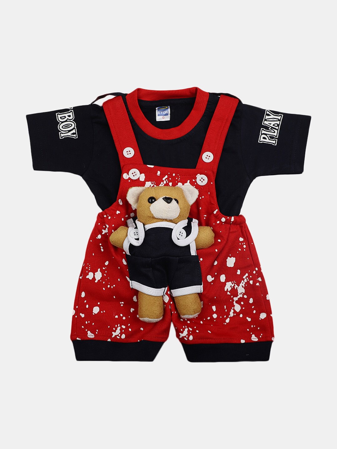 

V-Mart Infant Boys Pure Cotton Round Neck T-shirt with Dungarees Clothing Set, Red