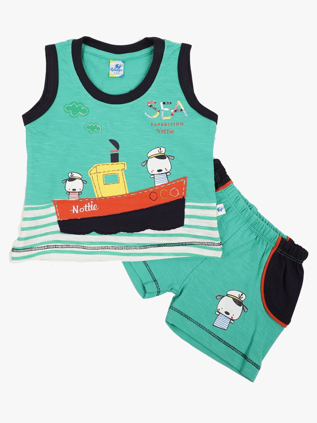 

V-Mart Infant Boys Graphic Printed Sleeveless Pure Cotton T-shirt With Shorts, Green