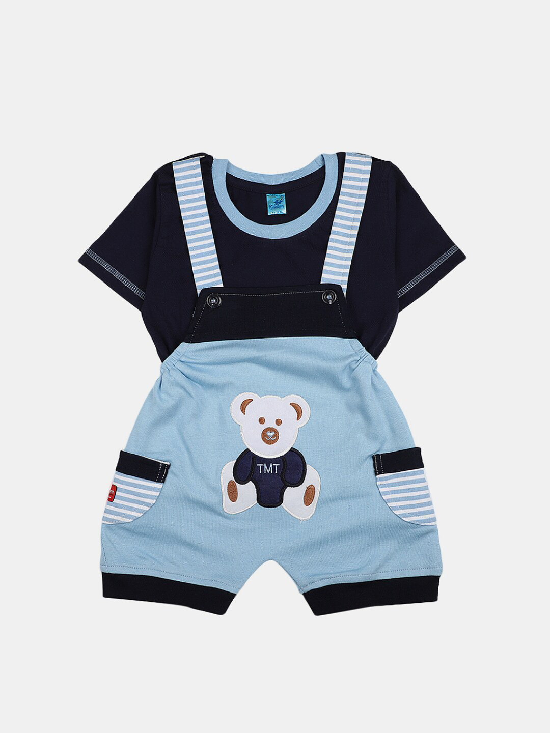 

V-Mart Infant Boys Pure Cotton Round Neck T-shirt with Dungarees Clothing Set, Navy blue