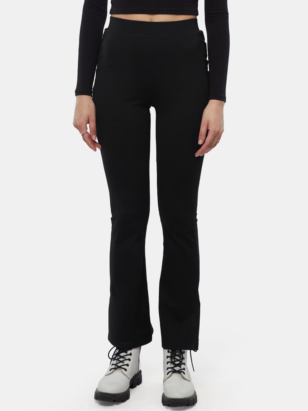 

The Souled Store Women Pure Cotton Mid Rise Regular Fit Trousers, Black