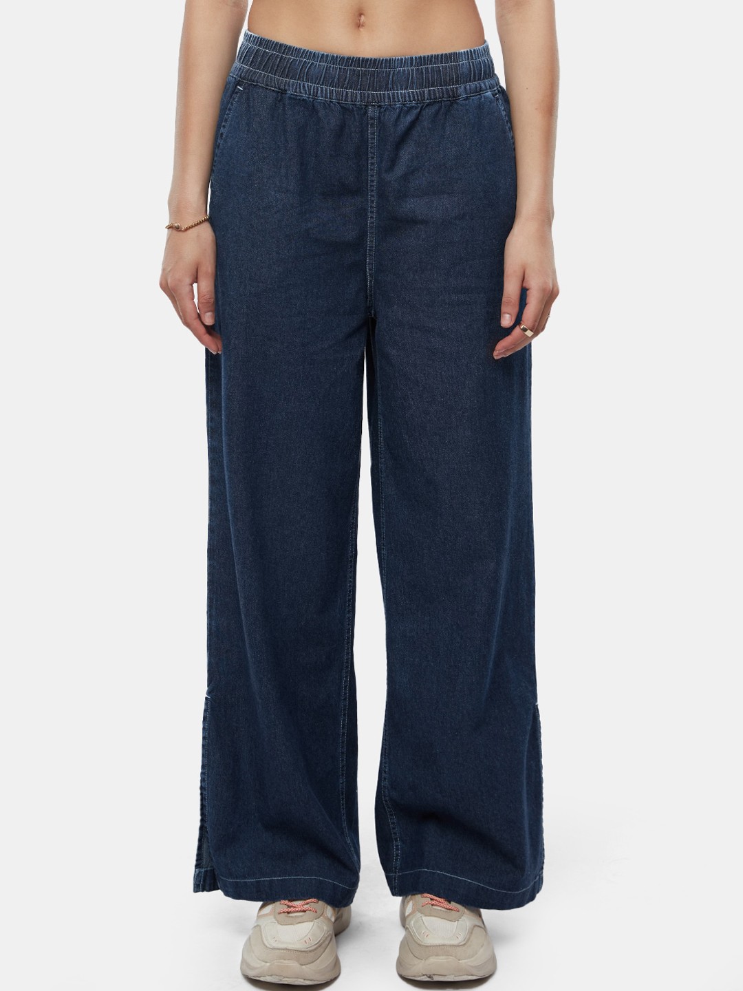 

The Souled Store Women Mid Rise Loose Fit Pure Cotton Parallel Trousers, Blue