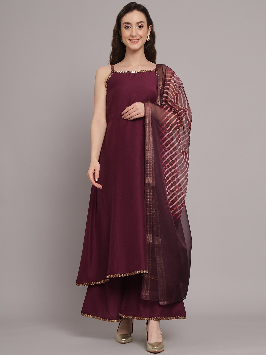 

Myshka Shoulder Straps A-Line Kurta With Palazzos & Dupatta, Maroon