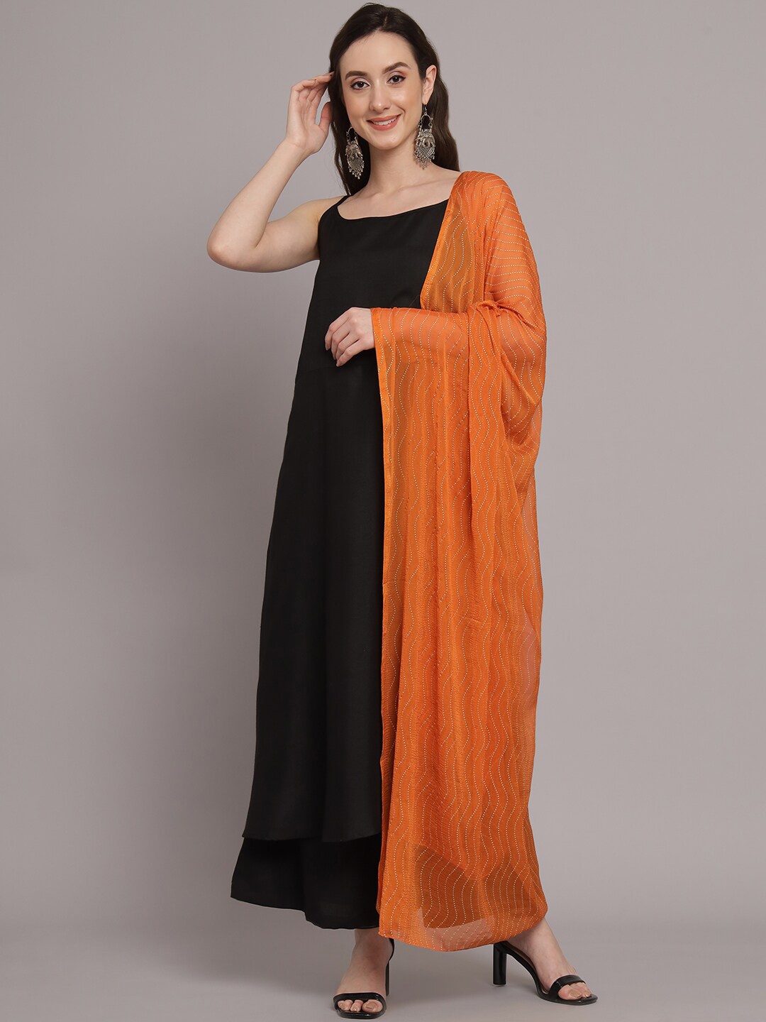 

Myshka Shoulder Straps Straight Kurta with Palazzos & Dupatta, Black