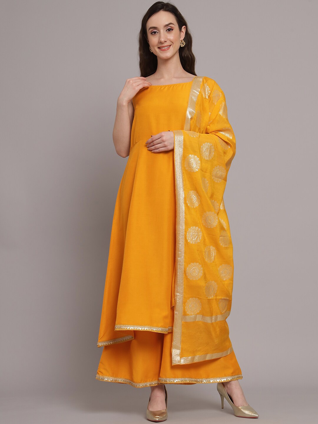 

Myshka Sleeveless A-Line Gotta Patti Kurta with Palazzos & Dupatta, Yellow