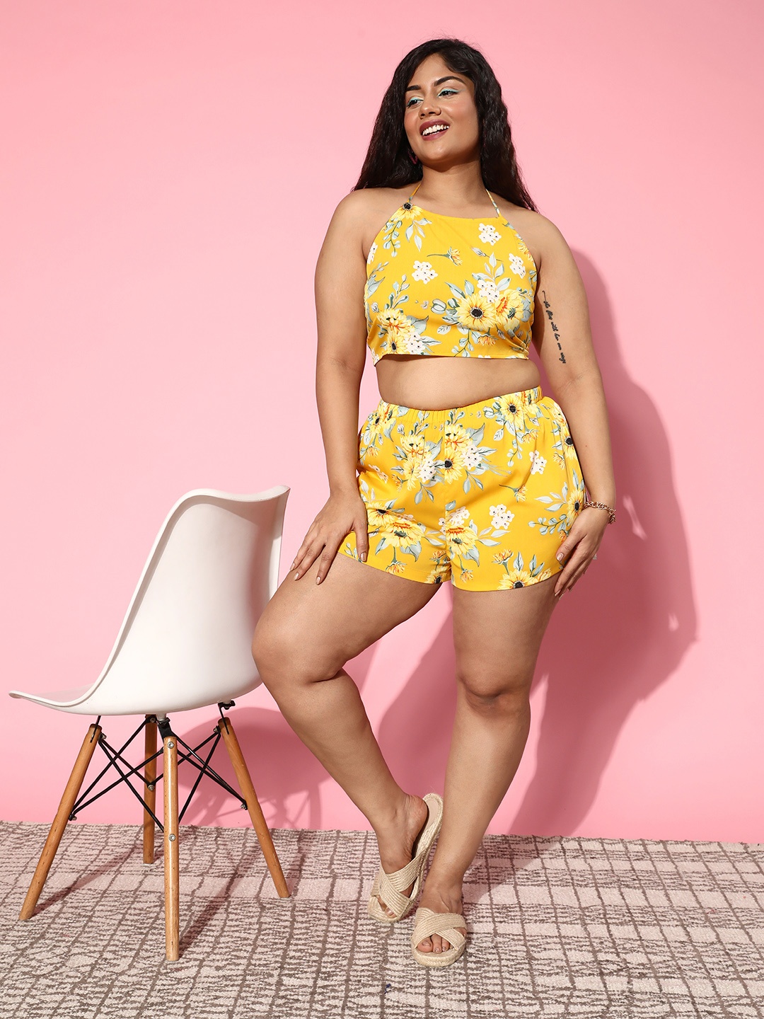 Berrylush Curve Floral Printed Top with Shorts Co-ords, Yellow