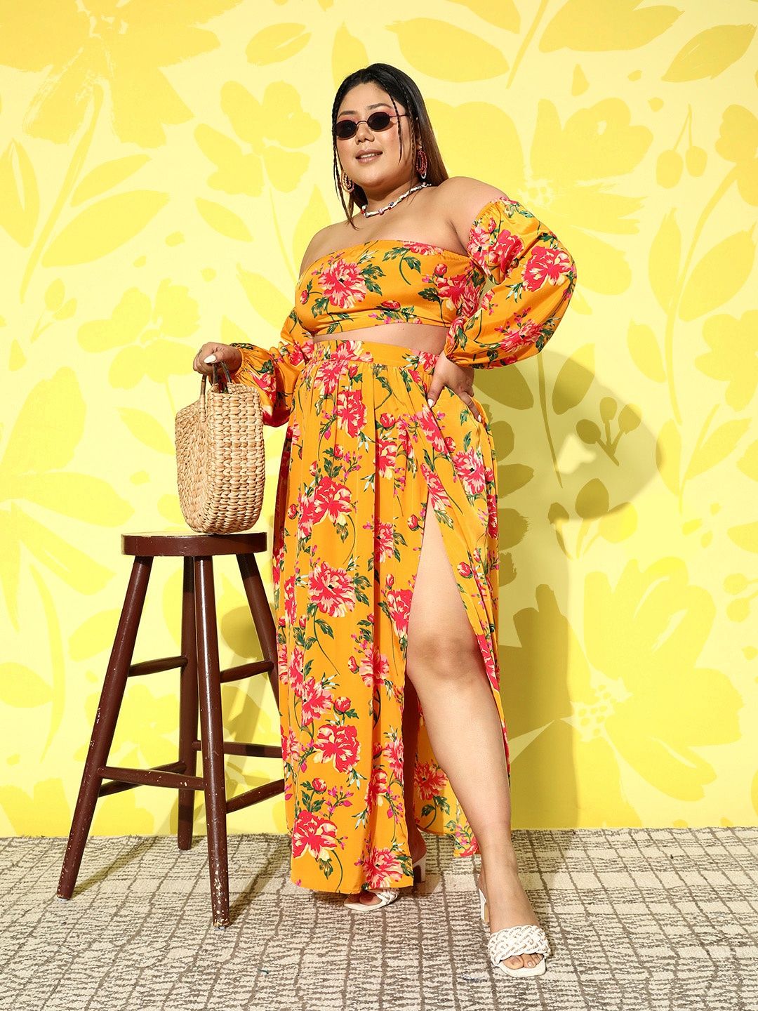 

Berrylush Curve Women Floral Printed Top with Skirt, Yellow