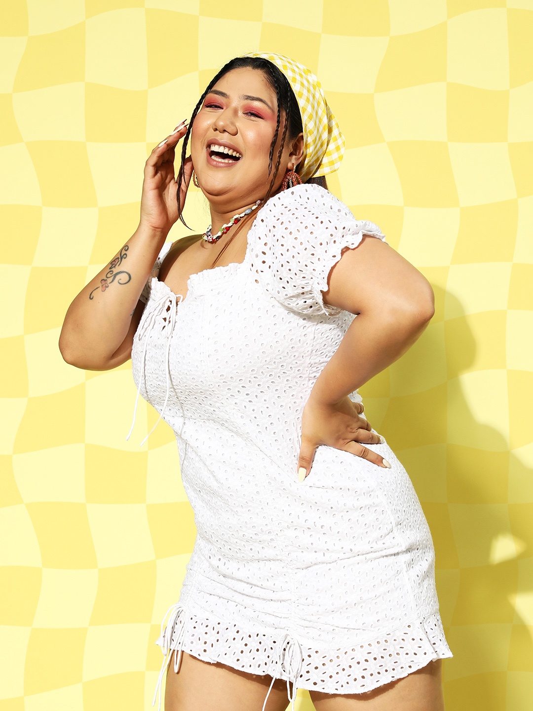 Berrylush Curve Plus Size Sweatheart Neck Puff Sleeve A-Line Mini Dress, White