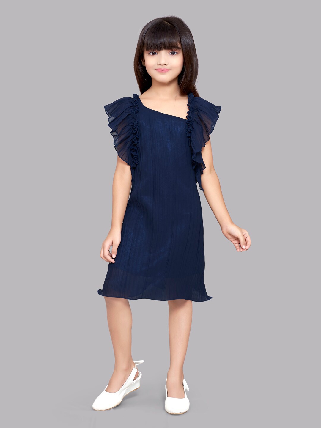 

Pink Chick Flutter Sleeves Ruffles A-Line Dress, Navy blue